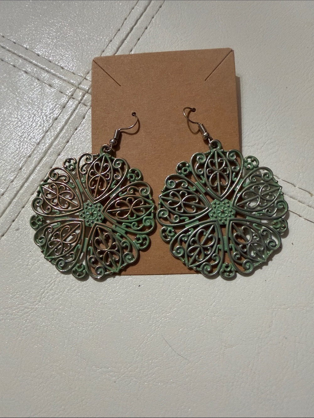 Filigree Floral Drop Earrings in Green and Antiqued Bronze